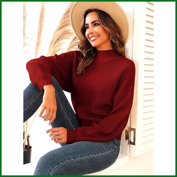 Cropped Turtleneck Sweater Lantern Sleeve Ribbed Knit Pullover - Picture 4 of 7